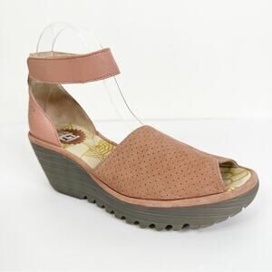 Fly London Size 37/US 6.5-7 Yake Pink Rose Perforated Leather Wedge Sandals